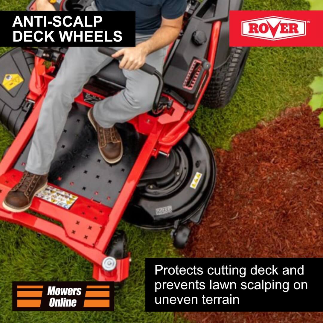 Person using a lawnmower with anti-scalp deck wheels on grass, featuring Rover brand.