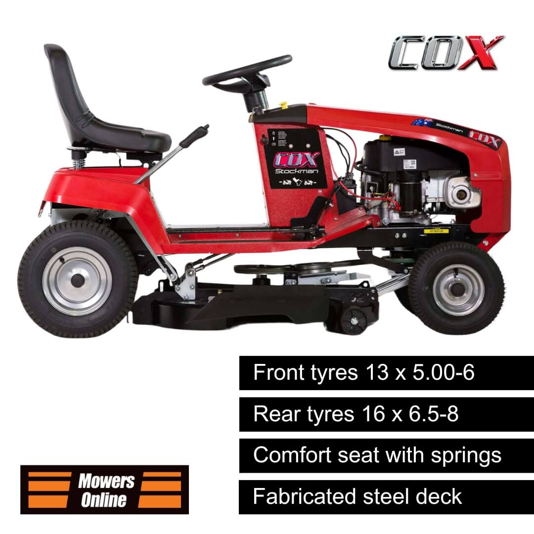 Red riding lawn mower with COX branding on a white background