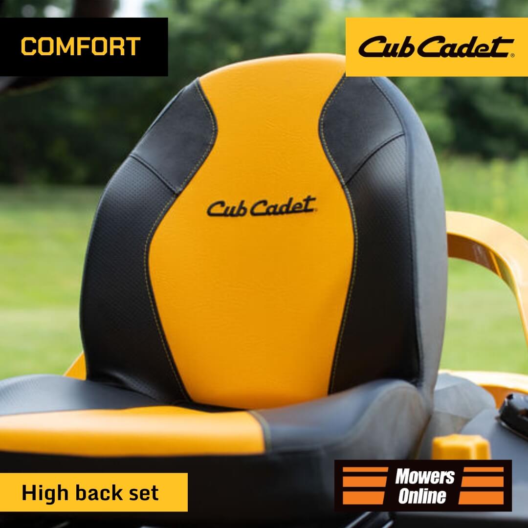 Cub Cadet high back seat with yellow and black design on a grassy background