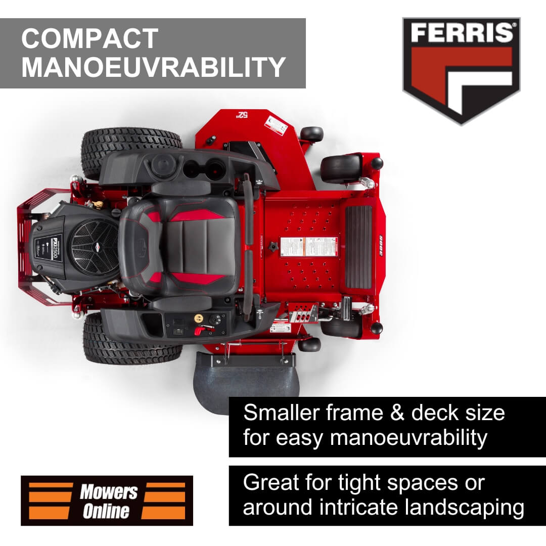 Red lawn mower with text highlighting compact manoeuvrability on a white background