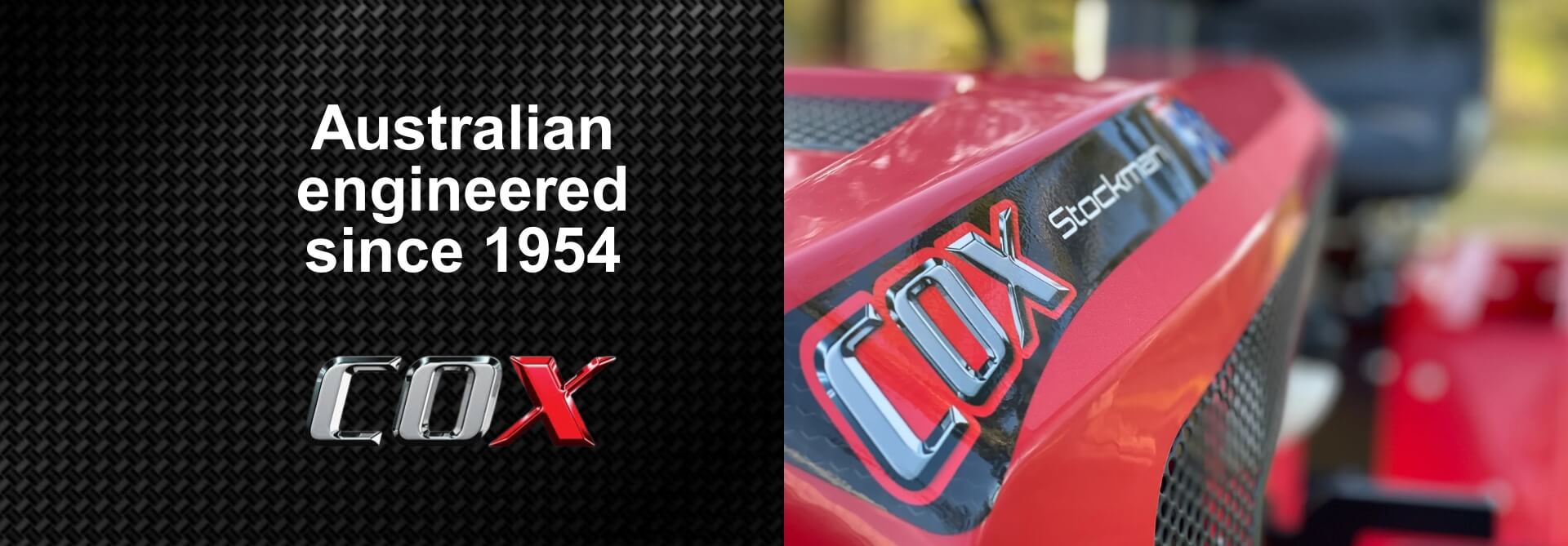 Red mower hood with 'Tuxedo' branding and text 'Australian engineered since 1954' on a black background.