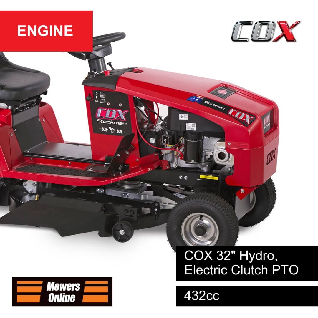 Red lawn mower with COX engine on a white background