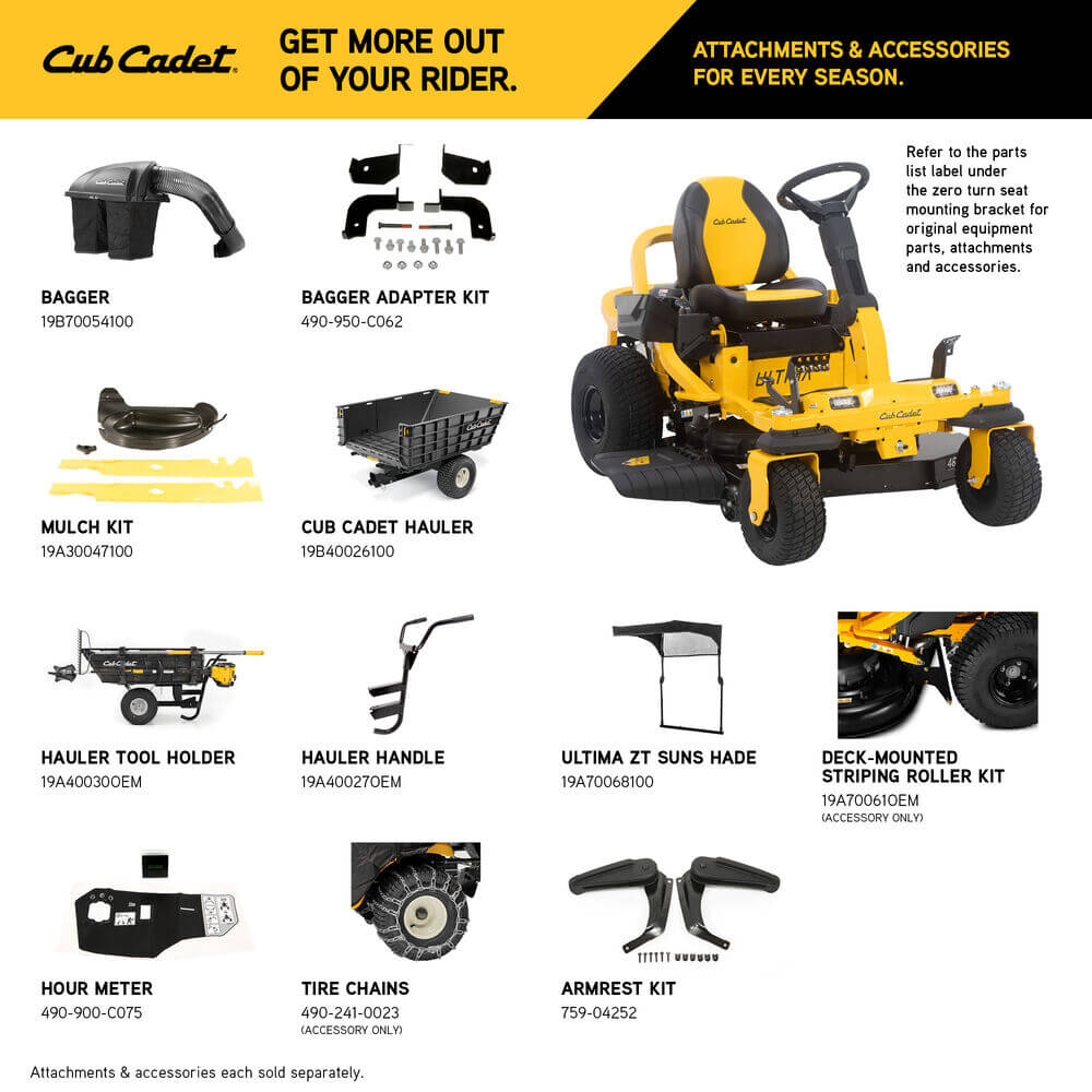 Cub Cadet attachments and accessories for a riding lawn mower on a white background with yellow accents.