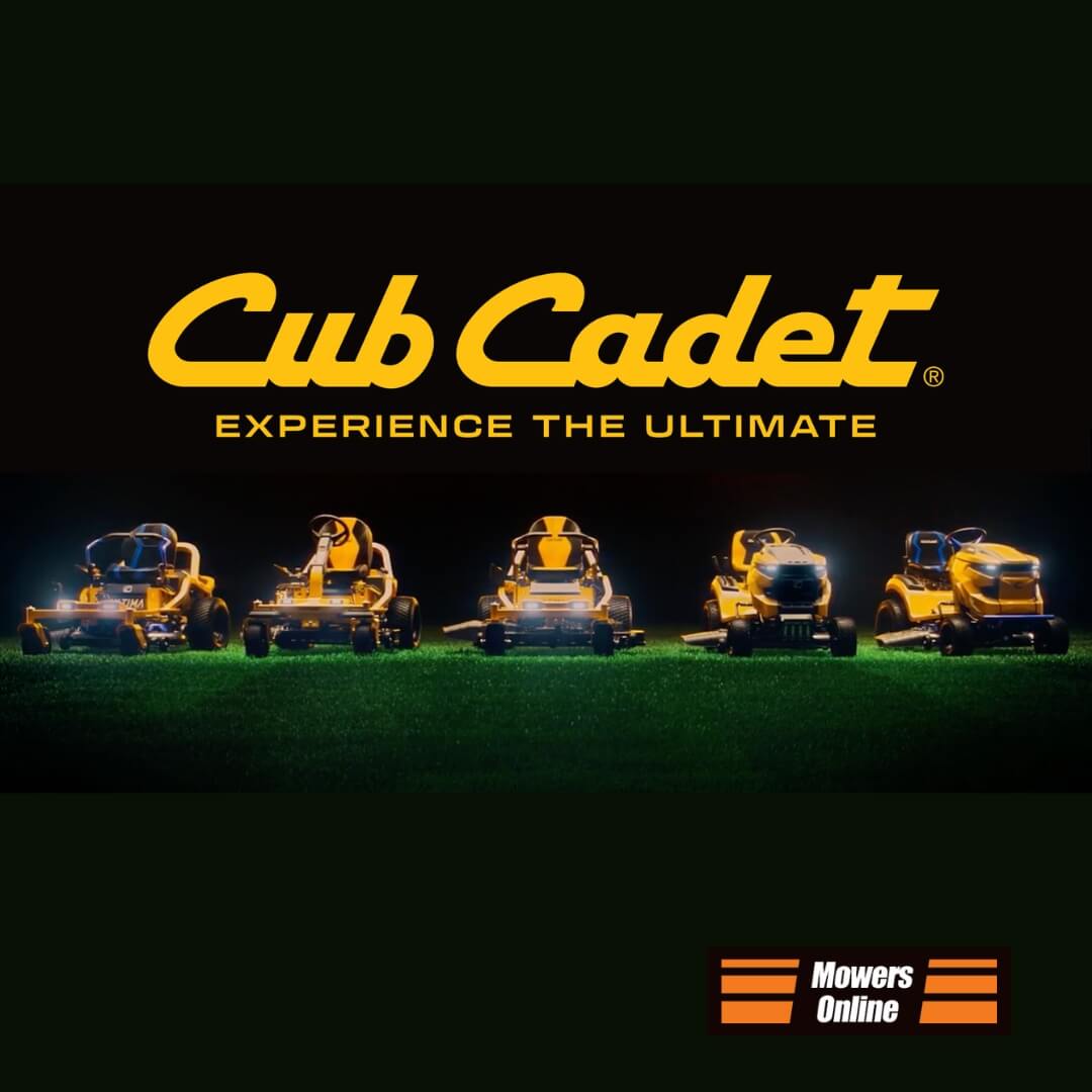 Cub Cadet lawn mowers on grass with brand name and tagline against a dark background