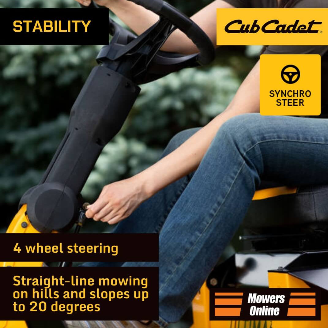 Person operating a Cub Cadet riding lawn mower with text highlighting stability and features.