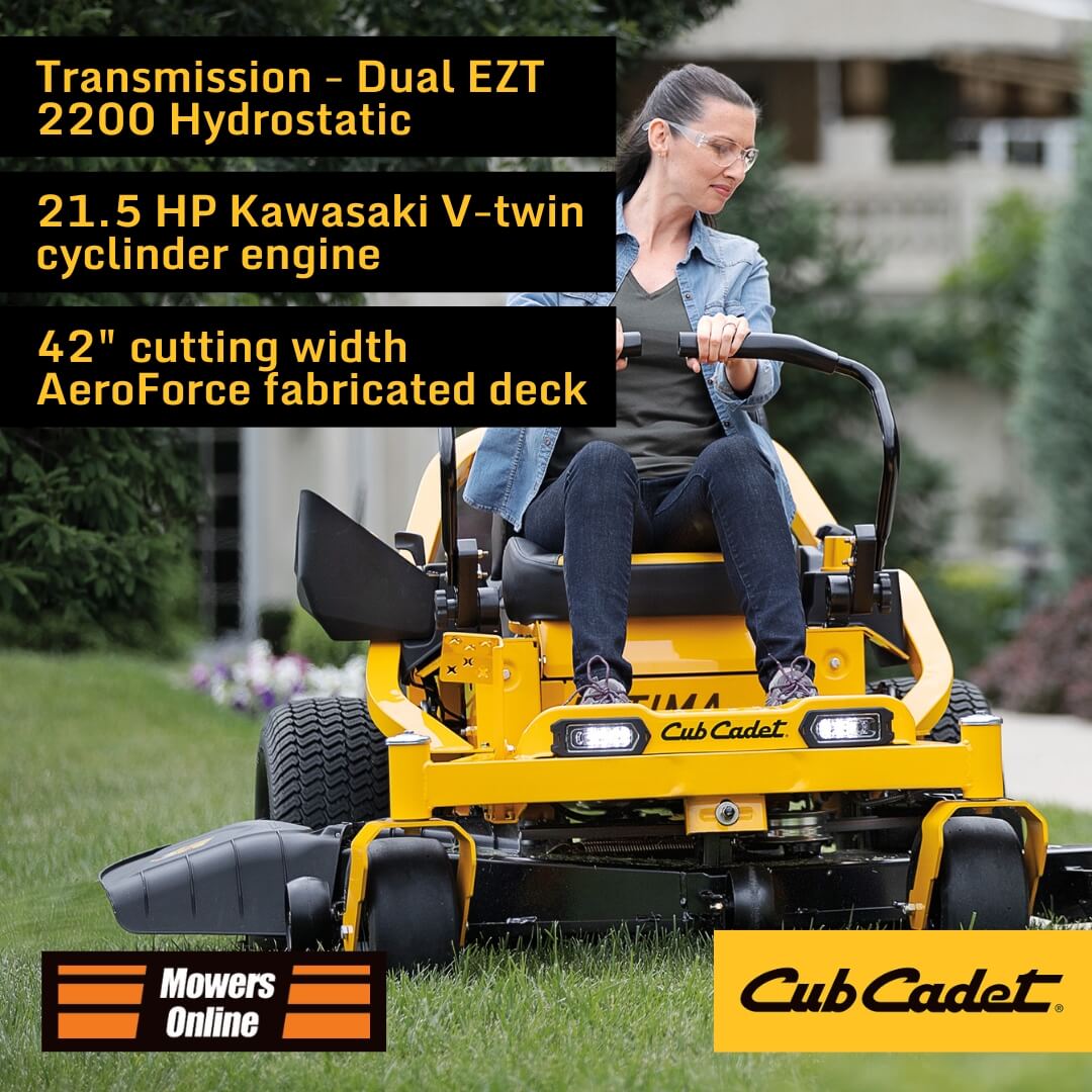Woman operating a Cub Cadet lawn mower with product specifications overlayed.
