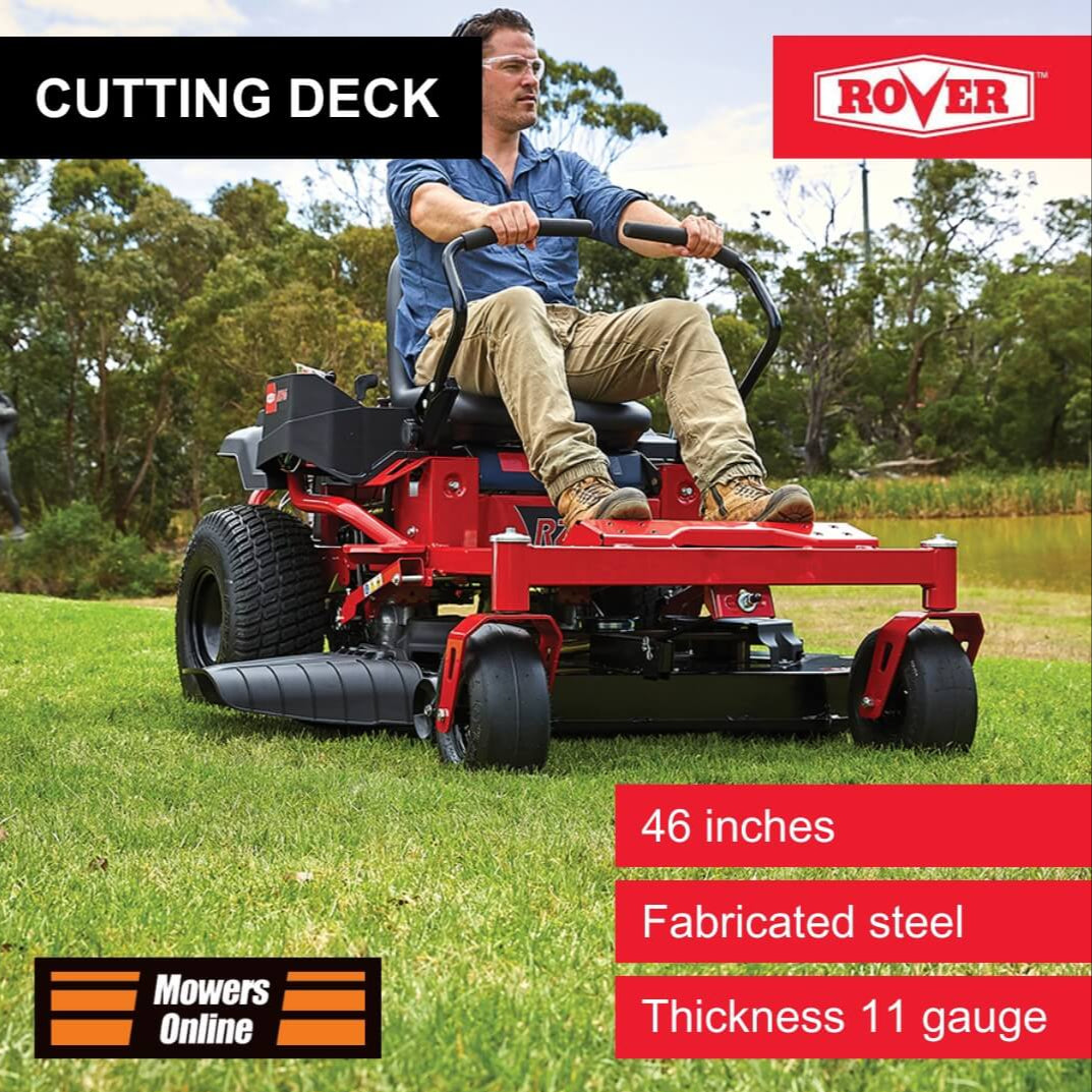Man operating a red riding lawn mower with Rover branding and product details.