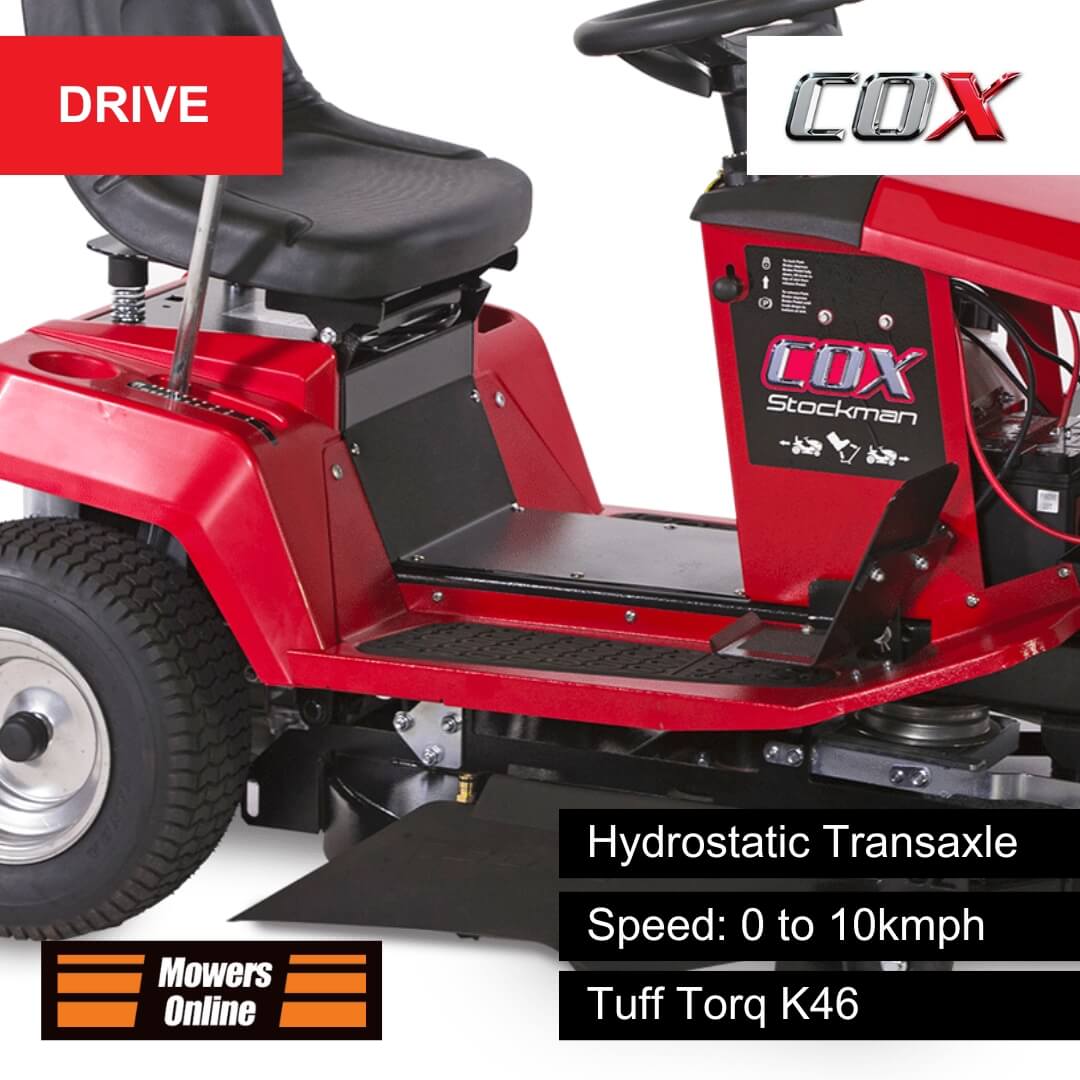 Red Cox Stockman riding lawn mower with text highlighting features on a white background