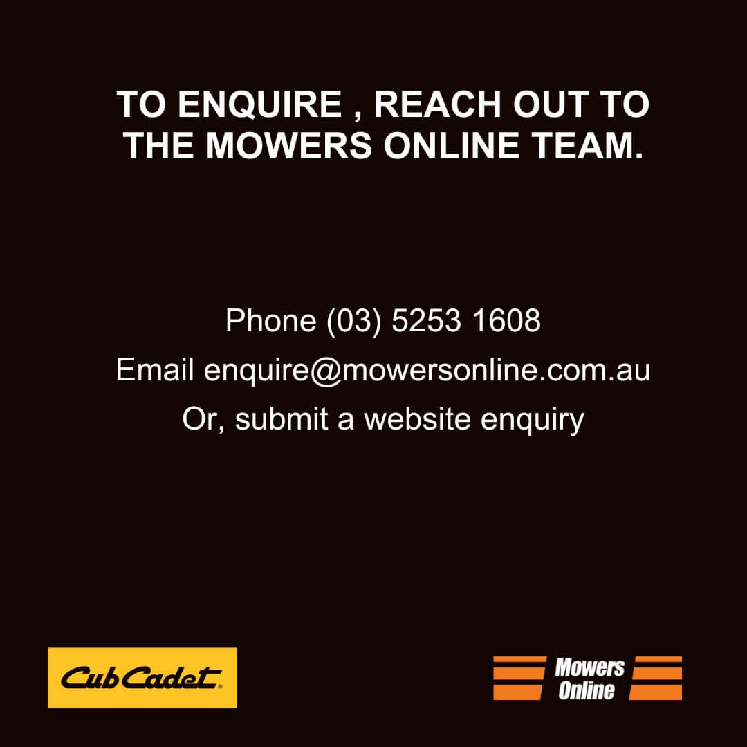 Contact information for Mowers Online with Cub Cadet logo on a black background