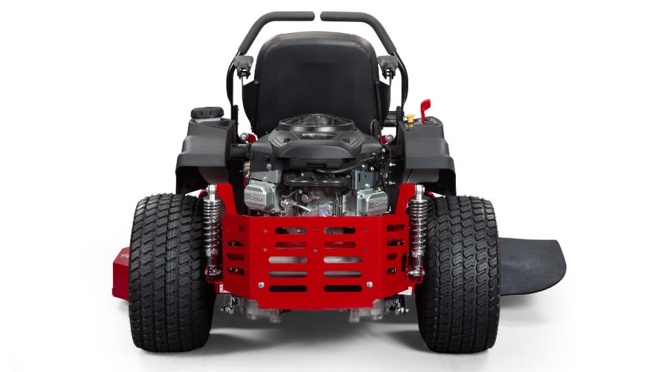 Rear view showing large tyres, engine, seat and lap bar steering of the red 300 S Ferris ride zero turn on mower with a 32 inch cutting deck.