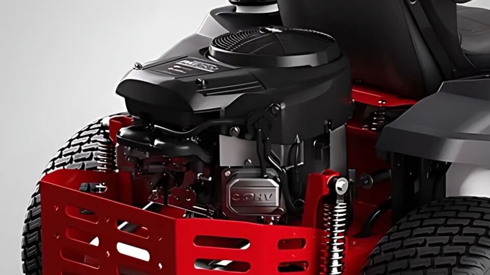 View of the engine on the back of a red ride on mower by Ferris, the 300 S.