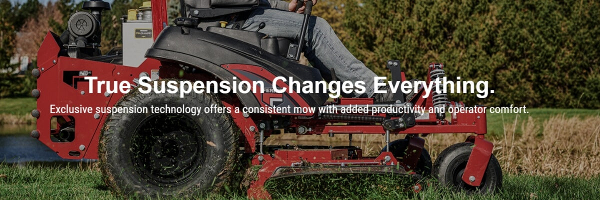 Banner showing a man driving a red Ferris ride on mower cutting grass with clippings flying away with green grass and trees in the background.