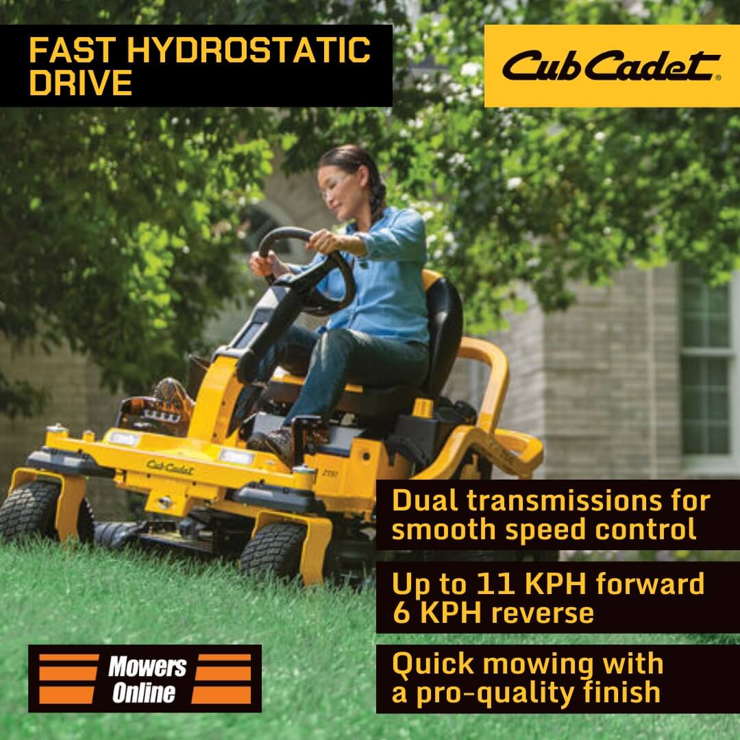 Woman operating a Cub Cadet lawn mower with product features highlighted.