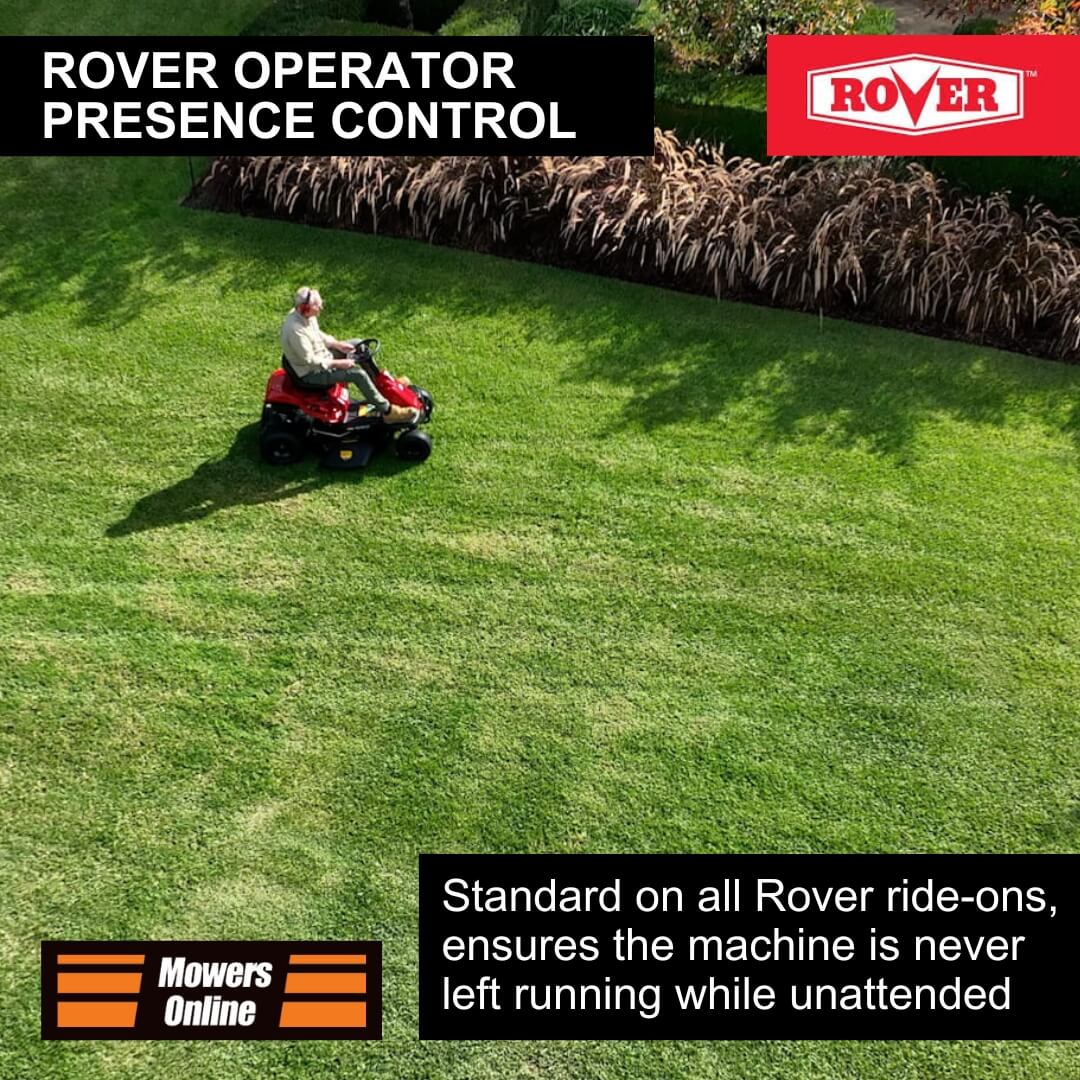 Person operating a Rover ride-on mower on a grassy area with branding and text about Rover Operator Presence Control.