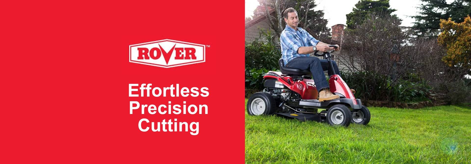 Man driving a Rover ride on lawn mower with the brand logo and tagline on a red background.