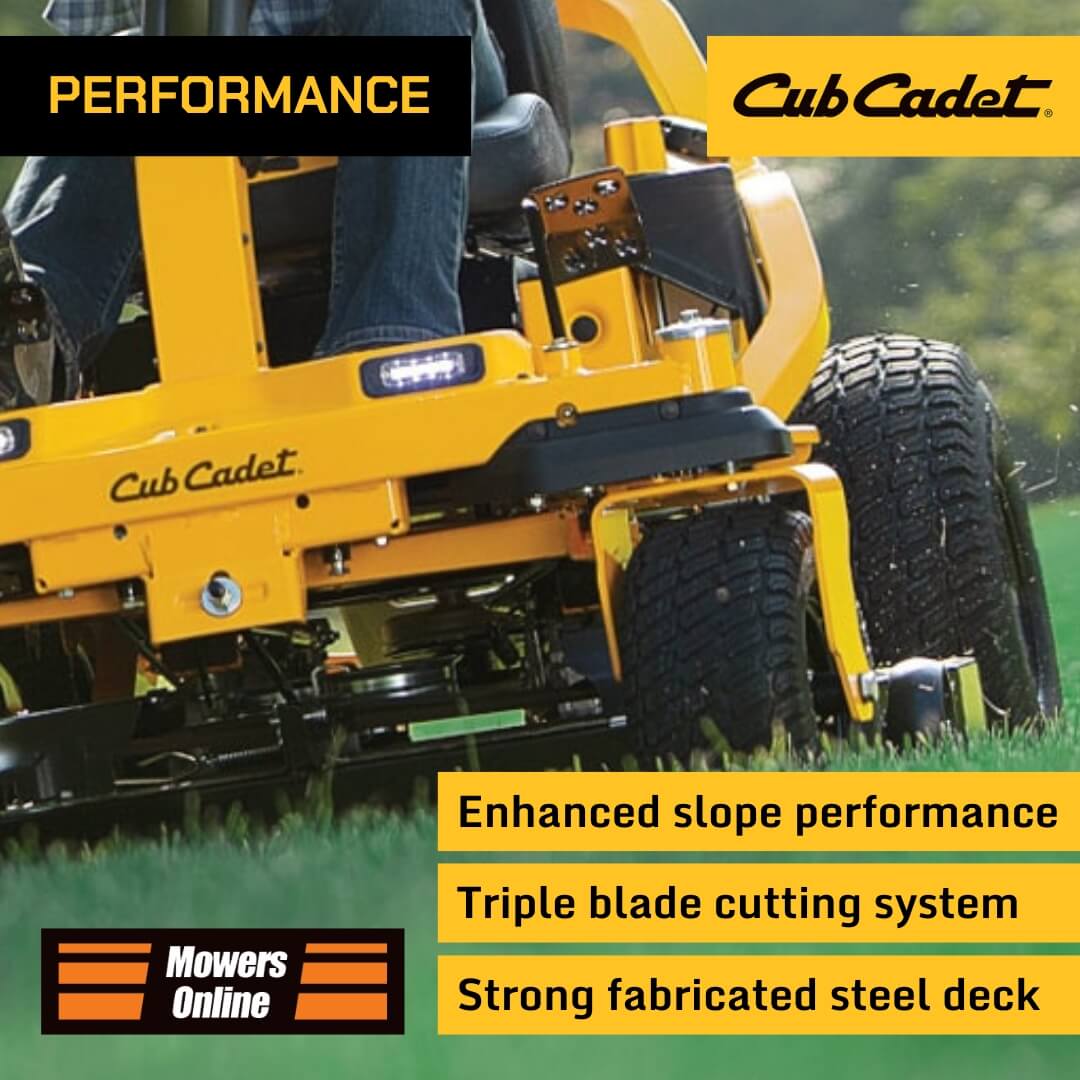 Cub Cadet lawn mower with text highlighting features on a grassy background