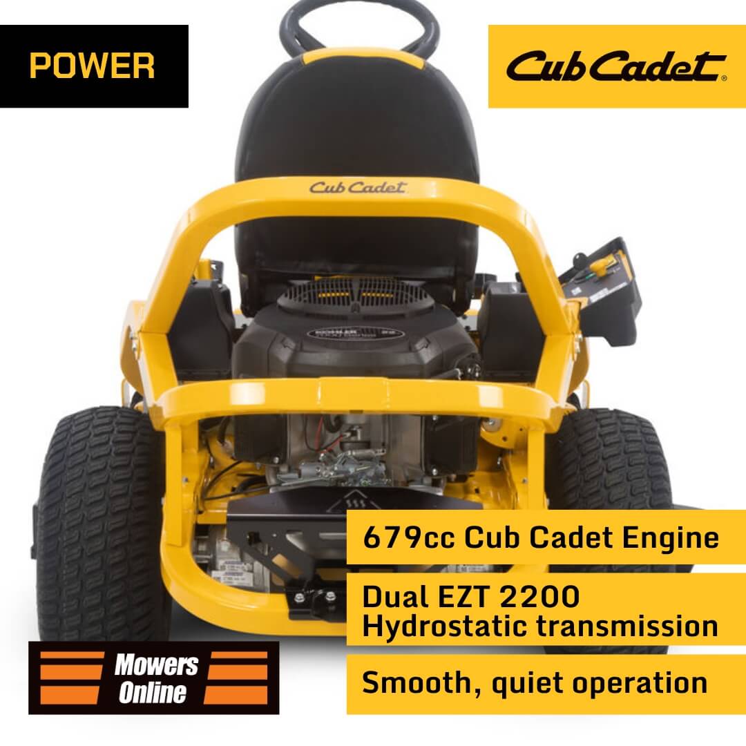 Yellow Cub Cadet lawn mower with engine details on a white background