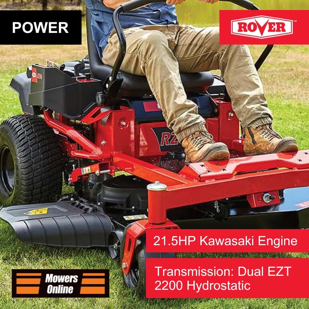 Person operating a red riding lawn mower with Rover branding and product specifications.