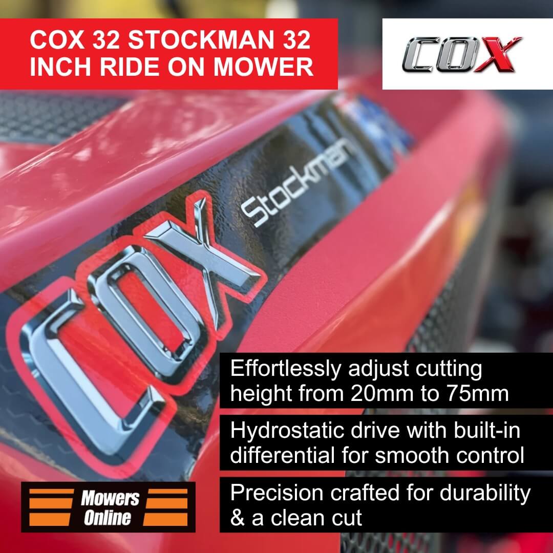 Red ride-on mower with COX branding and product features highlighted.