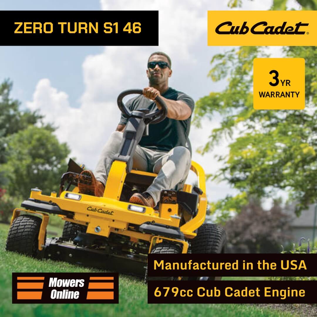 Man operating a Cub Cadet zero-turn lawn mower with branding and product details.