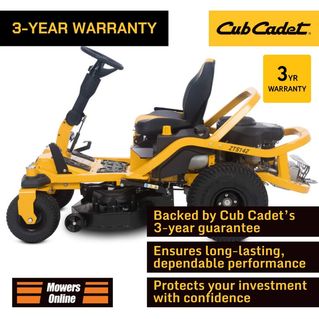 Yellow Cub Cadet lawn mower with warranty information on a white background