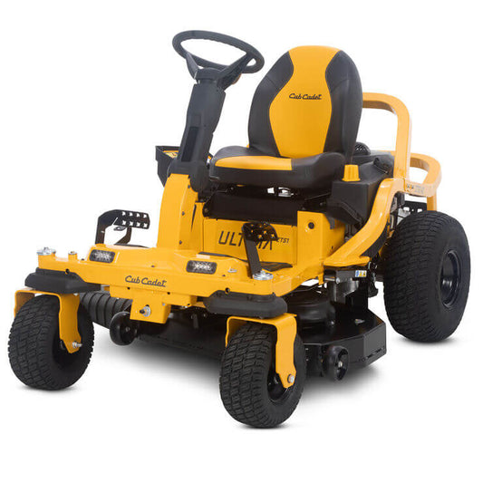Yellow Cub Cadet zero-turn lawn mower on a white background