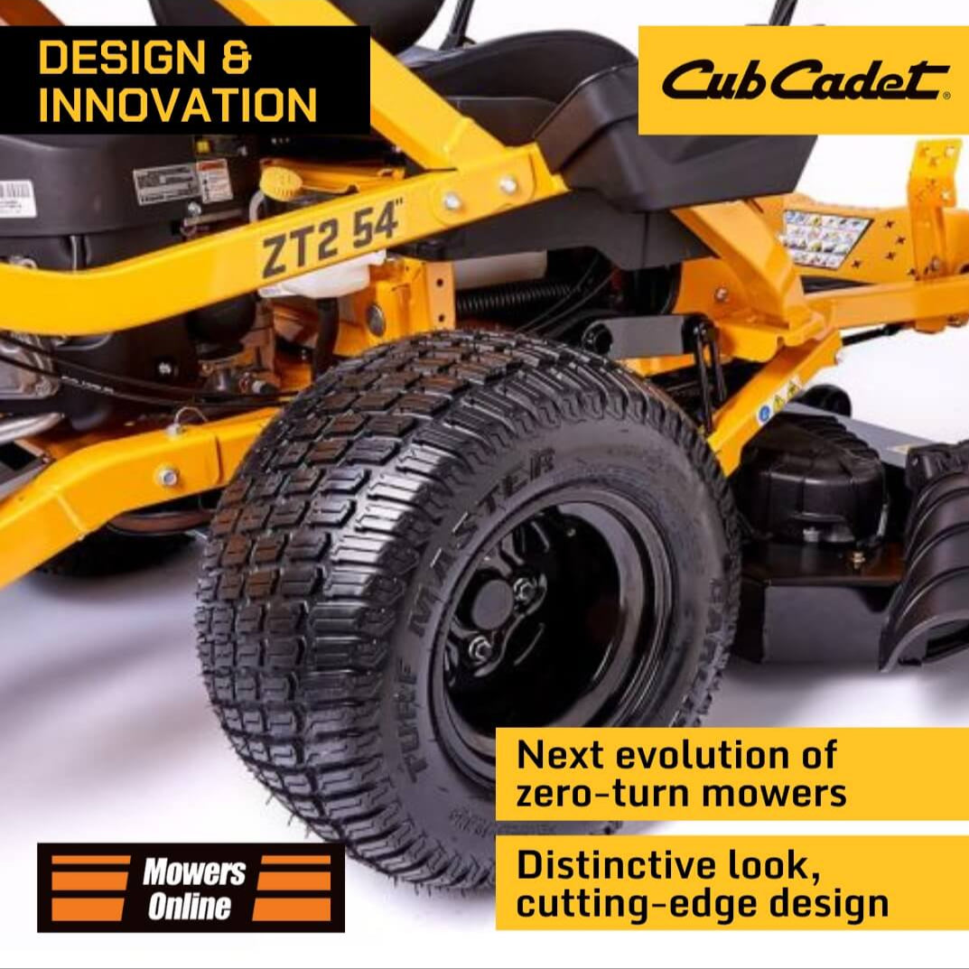 Close-up of a Cub Cadet zero-turn mower with branding and text highlighting design and innovation.
