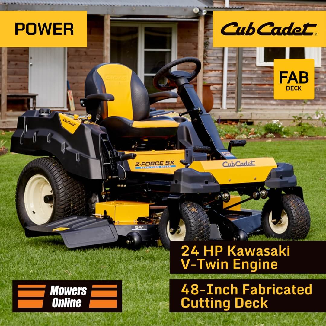 Cub Cadet lawn mower on grass with branding and specifications displayed.