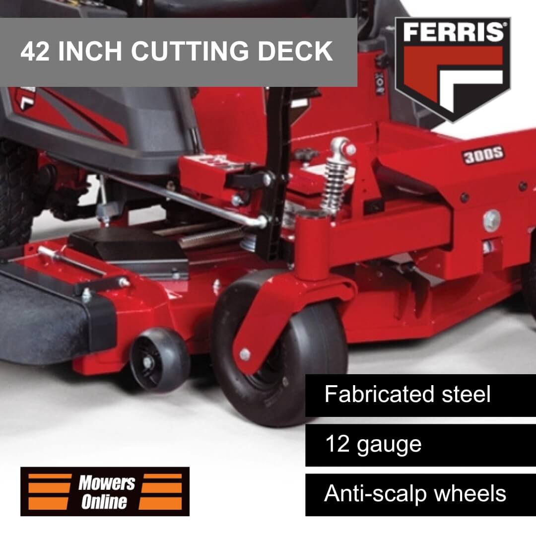 Red lawn mower with 42 inch cutting deck featuring Ferris logo and specifications.