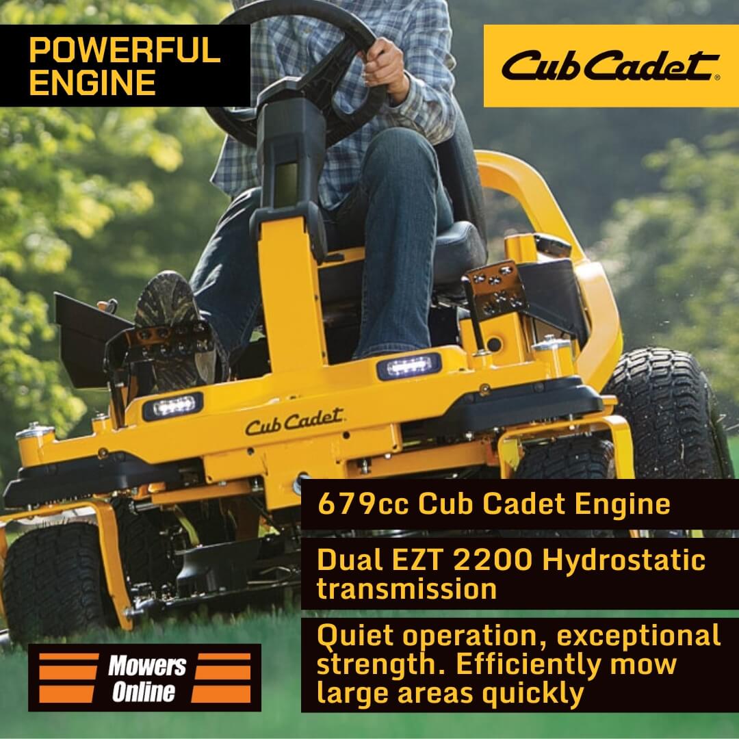 Person operating a Cub Cadet lawn mower with product features highlighted.