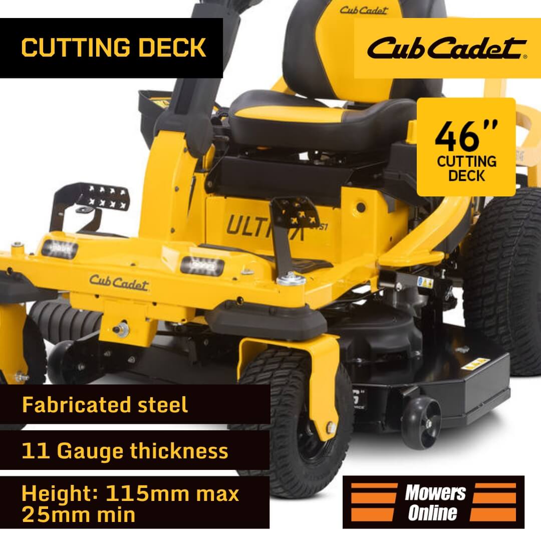 Yellow Cub Cadet mower with text highlighting features on a white background