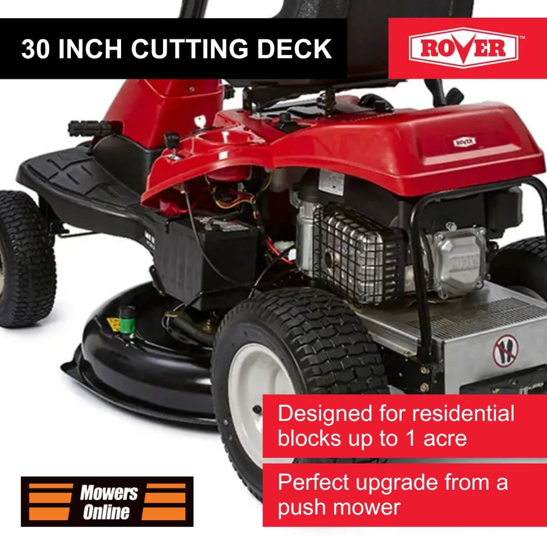 Red riding lawn mower with text highlighting features on a white background