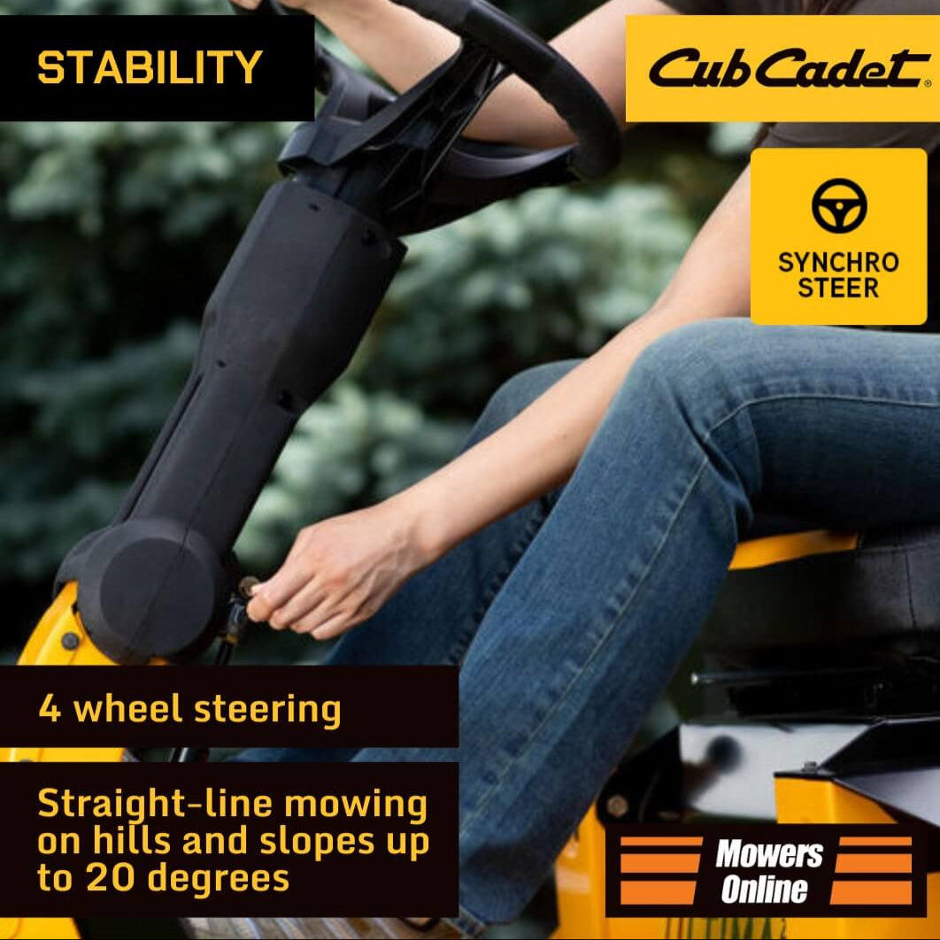 Person operating a Cub Cadet riding lawn mower with text highlighting stability and features.
