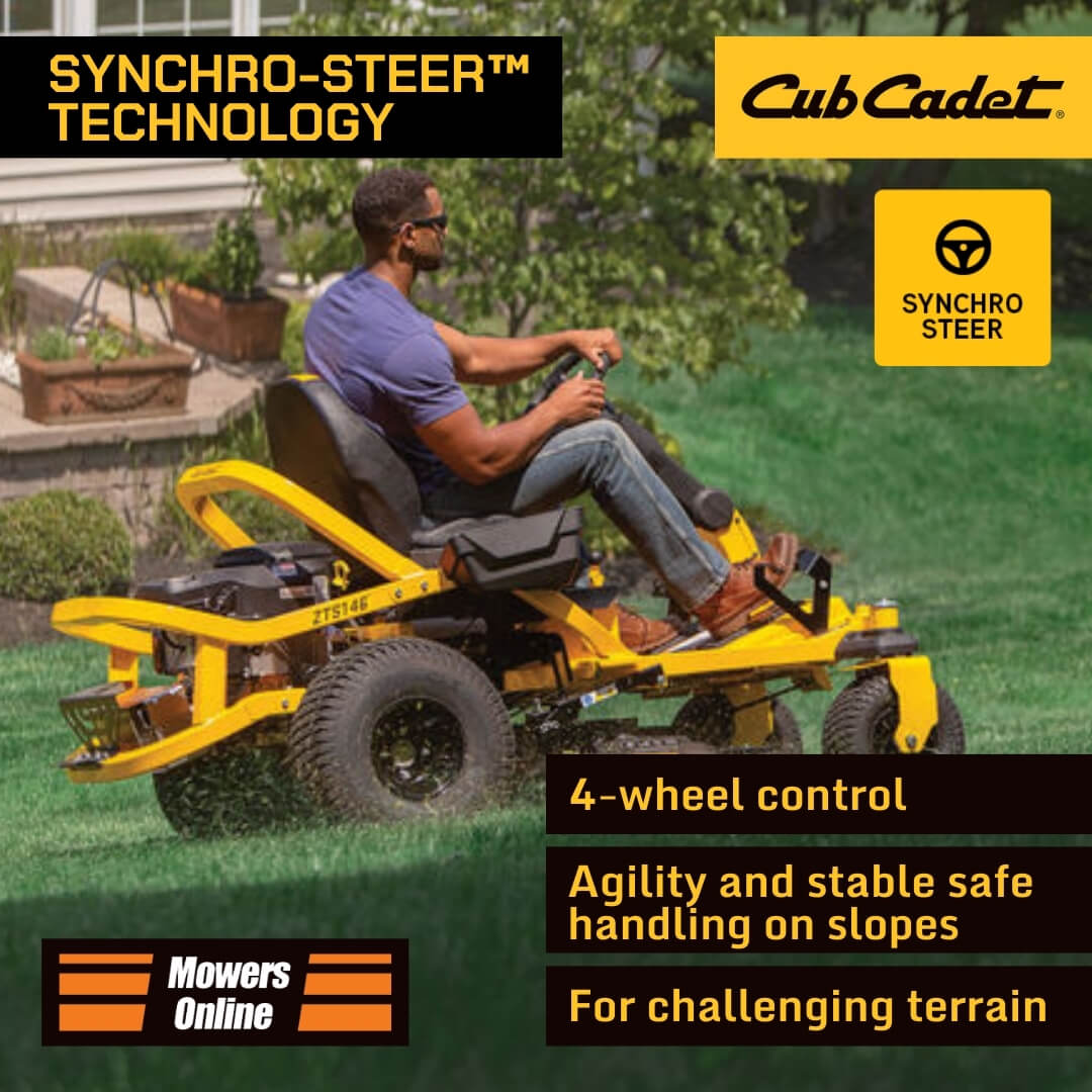Man operating a Cub Cadet riding lawn mower with Synchro-Steer Technology on a grassy area.