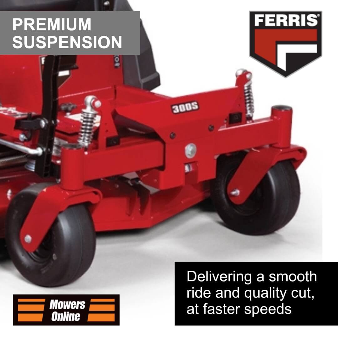 Red lawn mower with 'Ferris' branding and text about premium suspension on a white background.