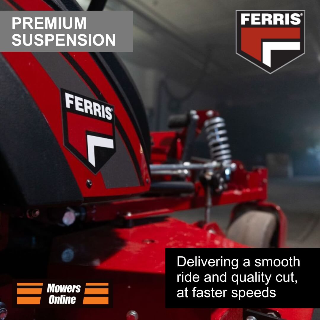 Red FERRIS mower with premium suspension feature, brand logo displayed.