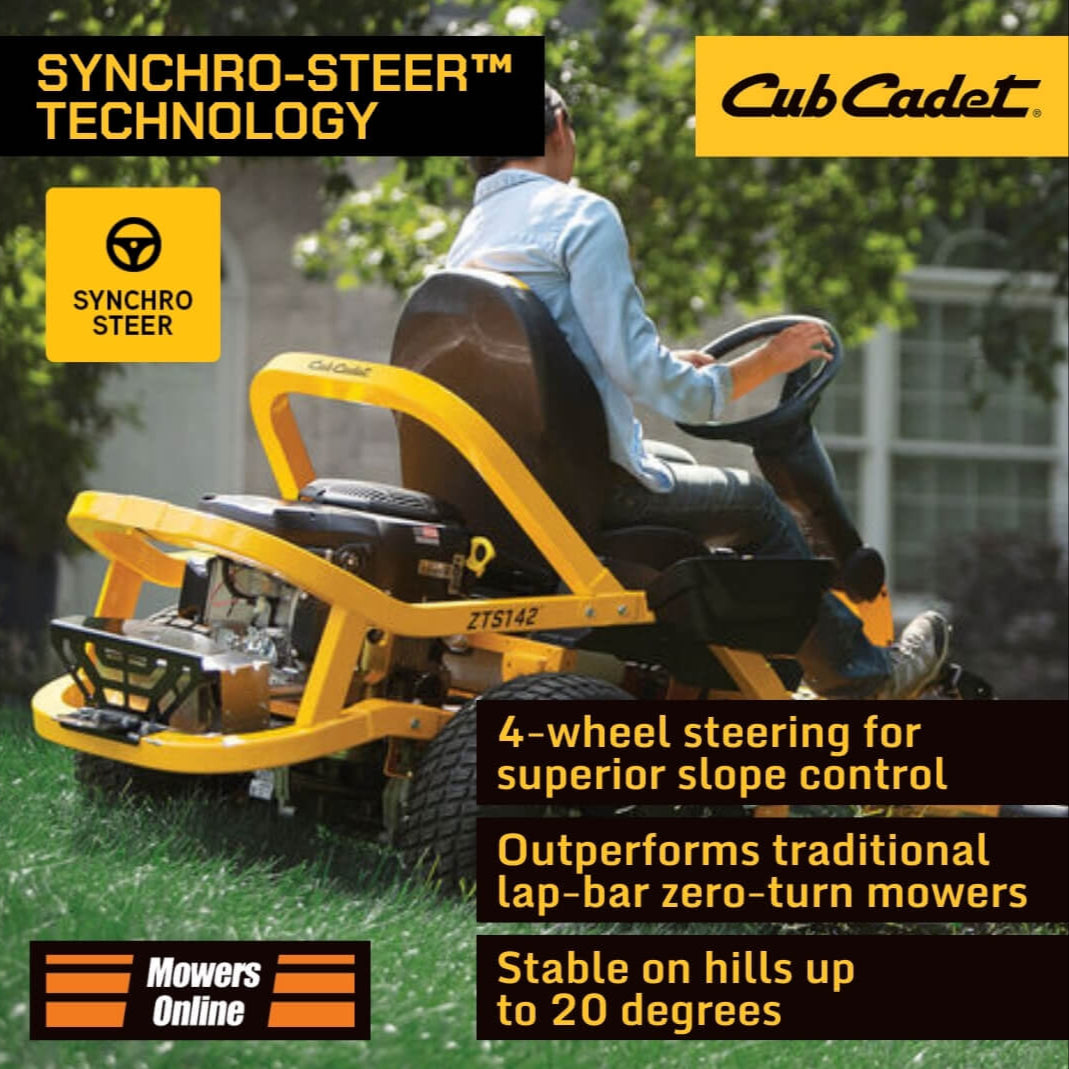 Cub Cadet riding lawn mower with Synchro-Steer technology on a grassy field.