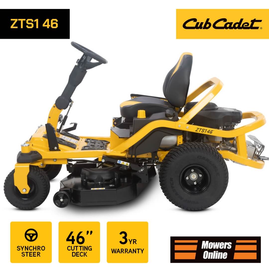 Yellow Cub Cadet lawn mower with branding and specifications on a white background