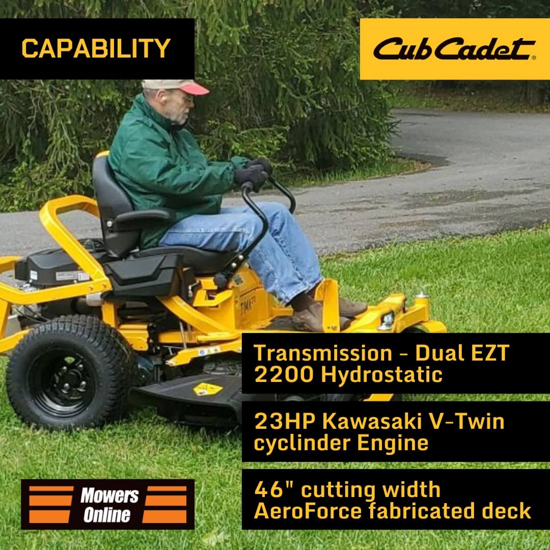 Man operating a yellow Cub Cadet lawn mower with product specifications displayed.