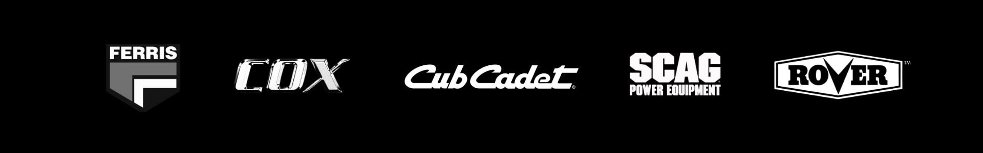 Logos of various ride on mower brand names on a black background
