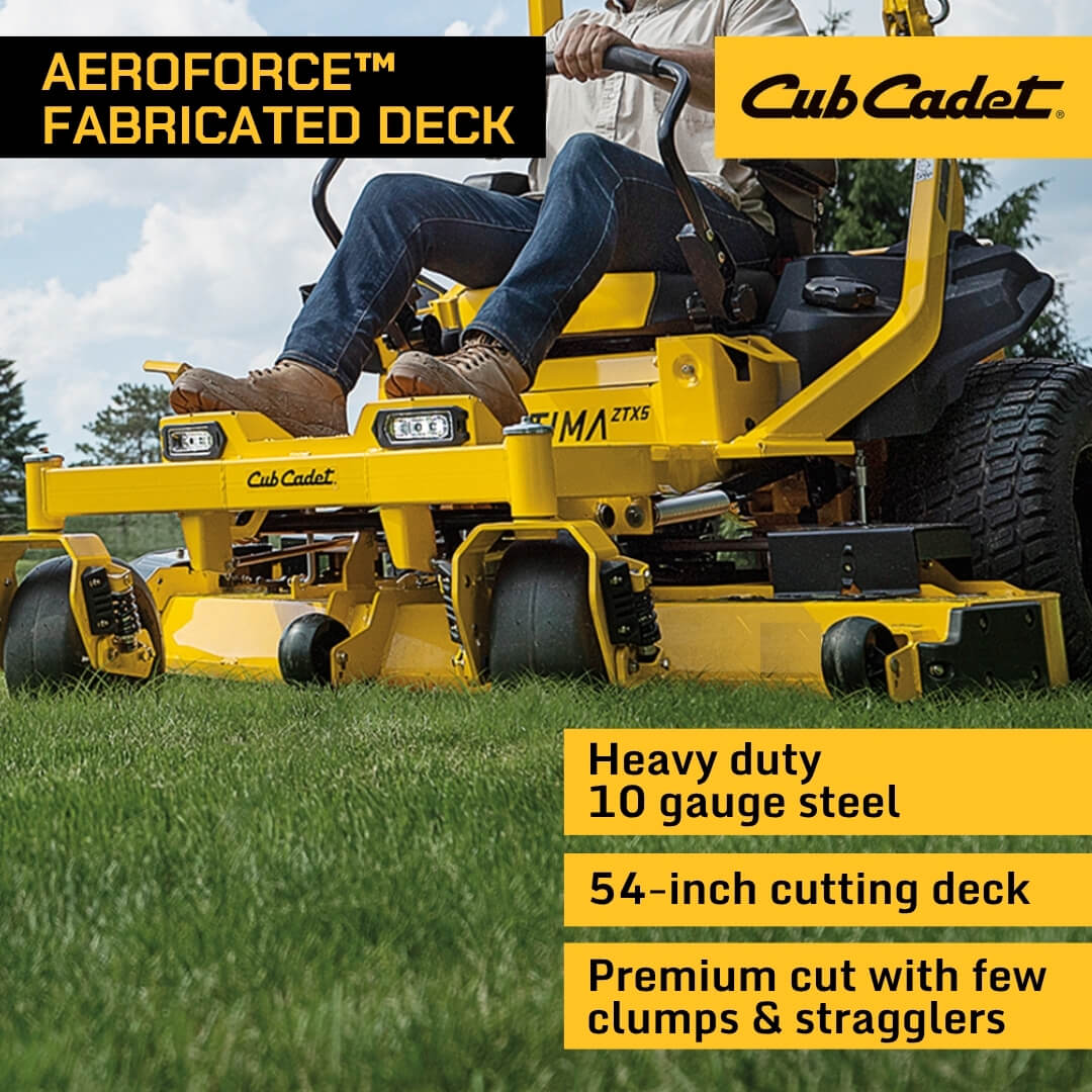 Cub Cadet lawn mower with text highlighting features on a grassy background