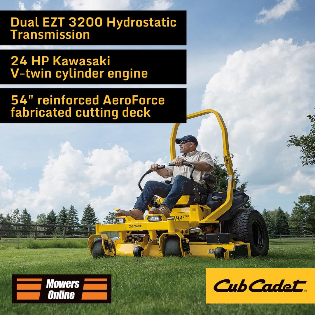 Man operating a Cub Cadet lawn mower with product features listed above.