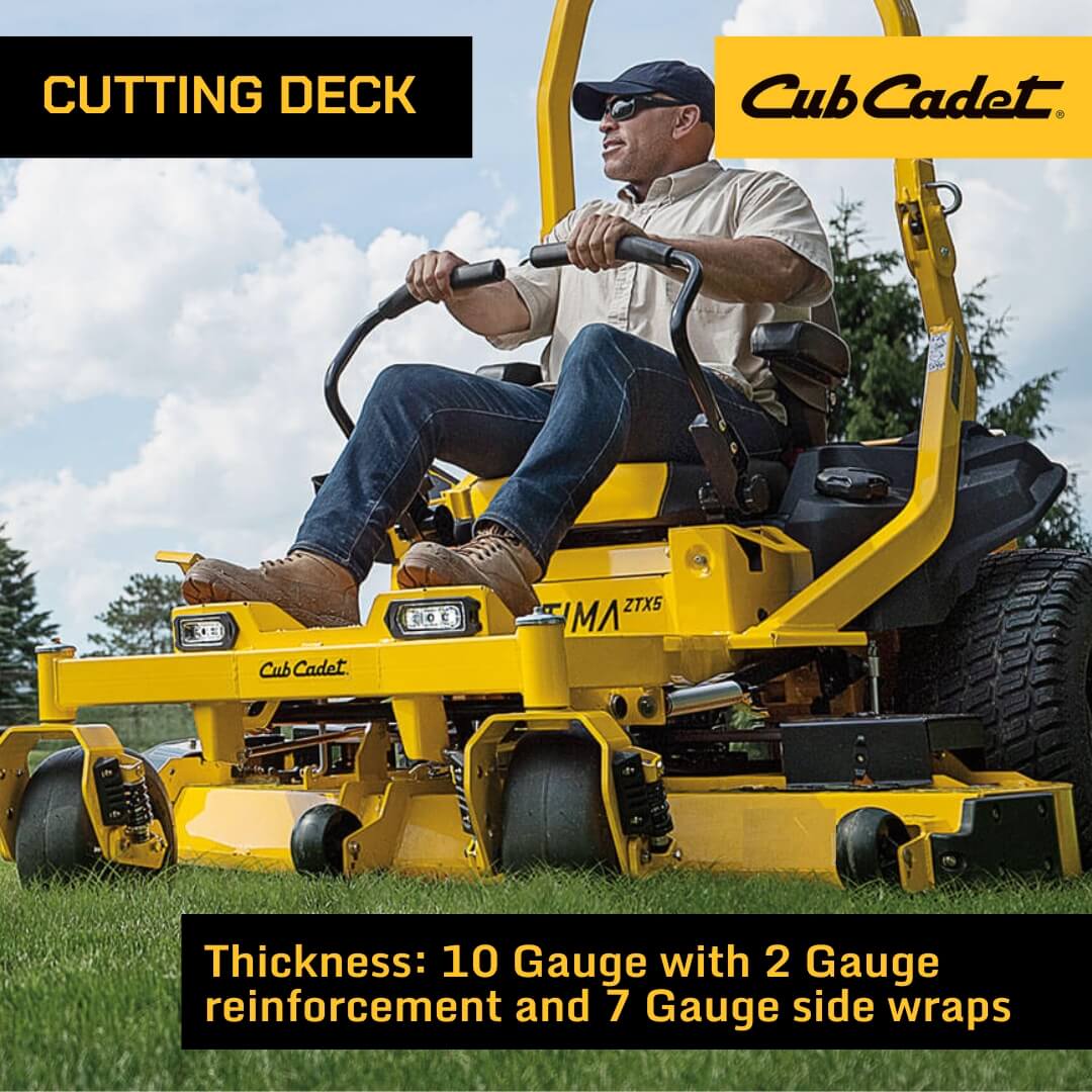 Man operating a Cub Cadet lawn mower with product details on thickness and material.
