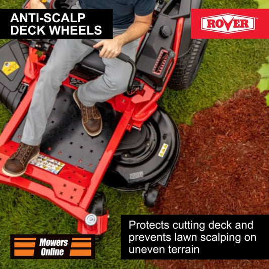 Person using a lawnmower with anti-scalp deck wheels on grass, featuring Rover brand.