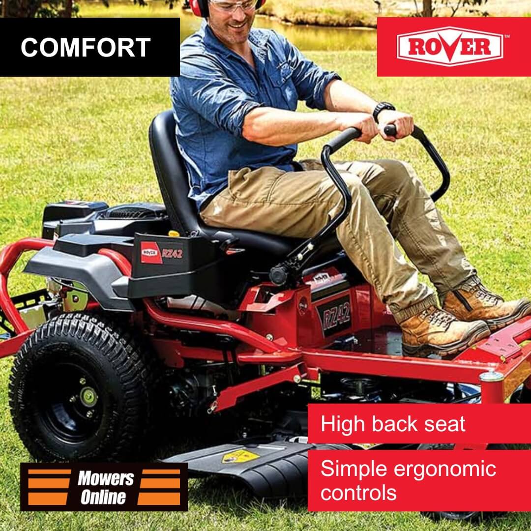 Man operating a red riding lawn mower with 'Rover' branding, featuring text about comfort and features.