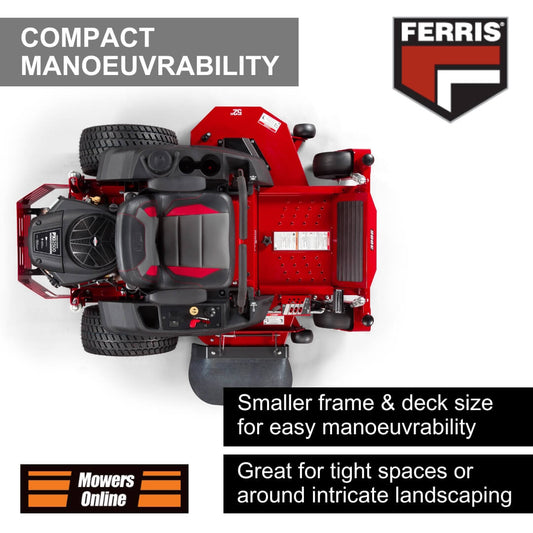 Red lawn mower with text highlighting compact manoeuvrability on a white background