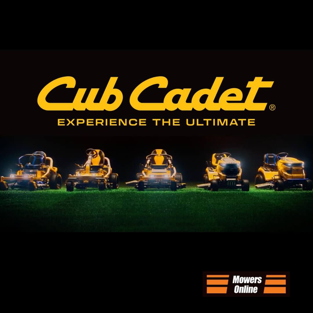 Cub Cadet lawn mowers displayed on a grassy field with the brand name above.