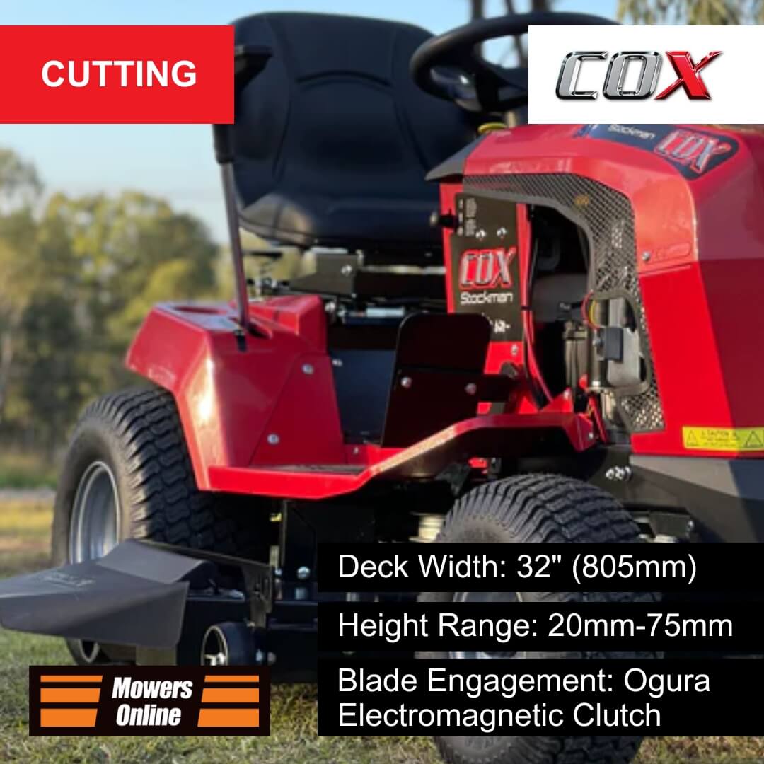 Red lawn mower with COX branding on a grassy field