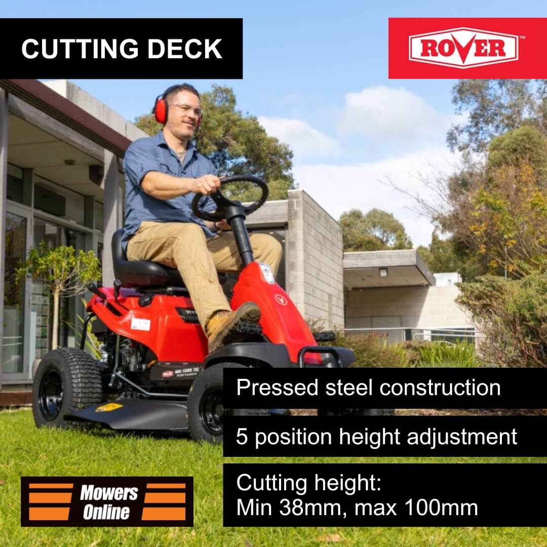Man operating a red riding lawn mower with Rover branding, set against a suburban backdrop.