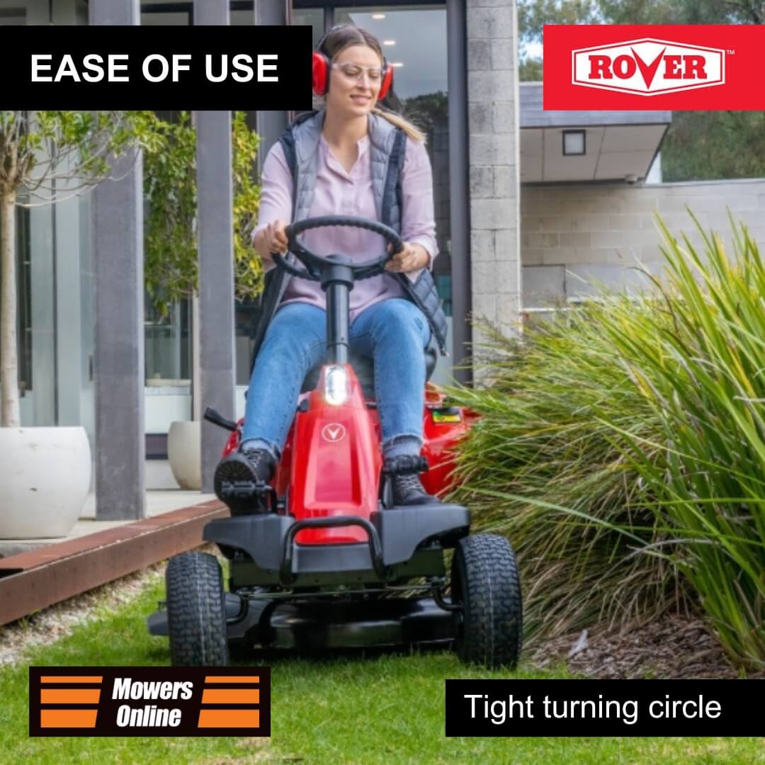 Person operating a red riding lawn mower with 'Rover' branding, surrounded by greenery.